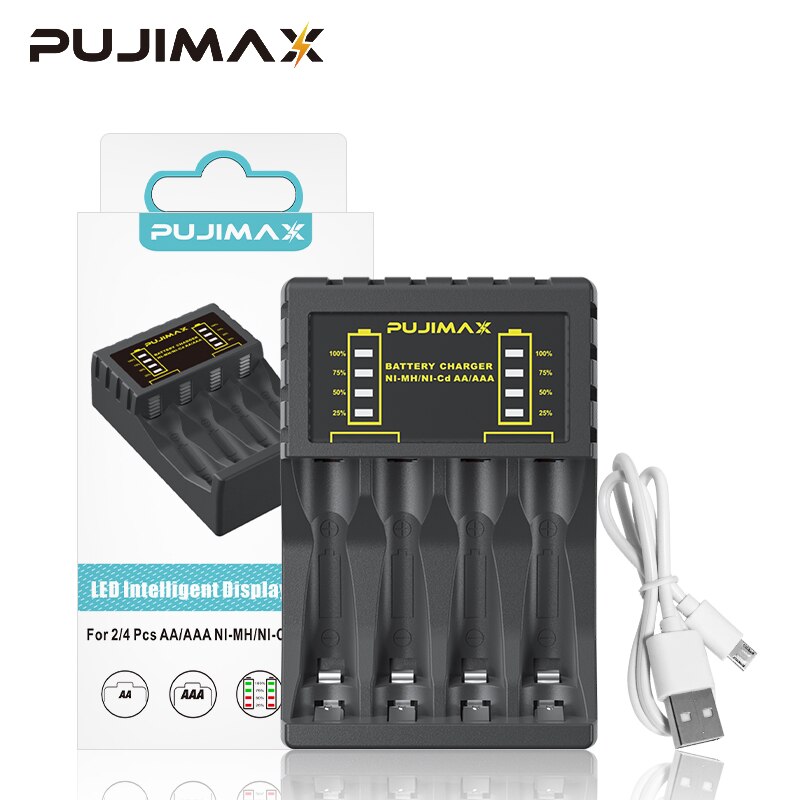 Pujimax 4 Slots Elektrische Batterij Oplader Intelligente Snelle Led Indicator Usb Oplader Voor Aa/Aaa Ni-Mh/Ni-cd Oplaadbare Batterij