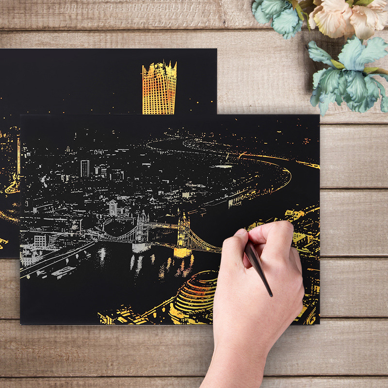 DDWE Beautiful Colorful City Magic Scratch Art Painting Paper With Drawing Stick Kids Educational Board Toys for Children