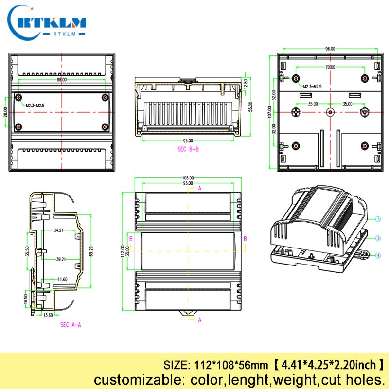 Din rail plastic box for electronic project 112*108*56mm abs enclosure junction box electronic instrument cases DIY control box