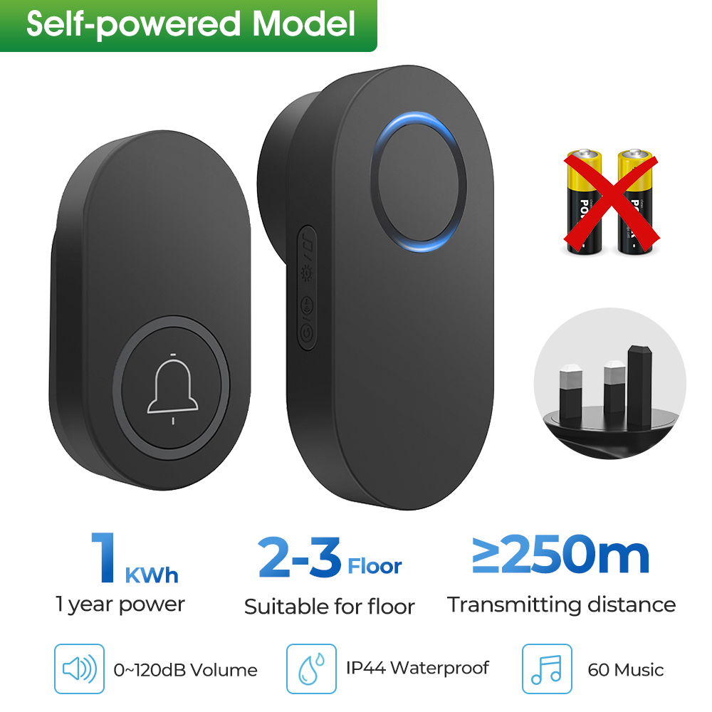 Self Powered Doorbells No Need Battery 120dB 60 Chimes 250M Range EU US UK Plug Waterproof Door Bell For Office,Home: black