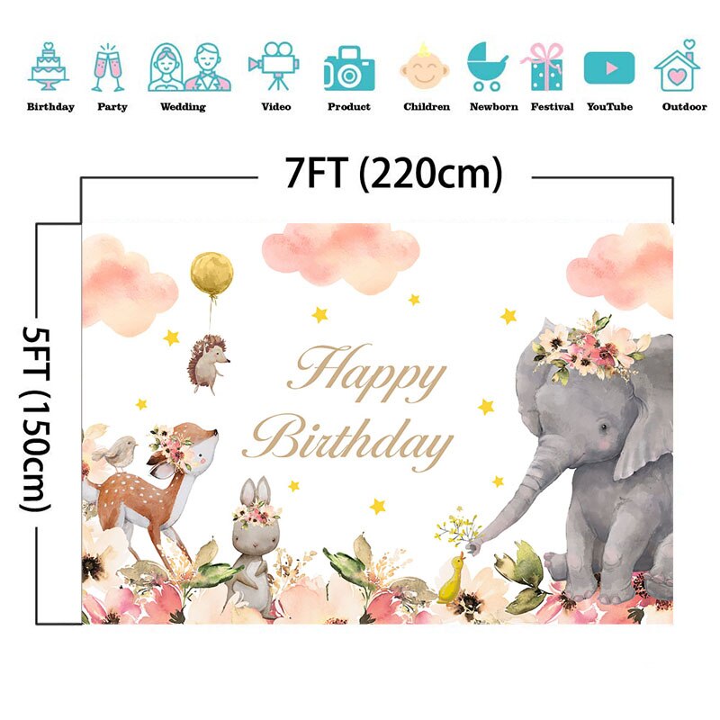 NeoBack Birthday Backdrop - Cute Animals Theme - Vinyl & Polyester - Custom Text/Image - Party Photo Prop