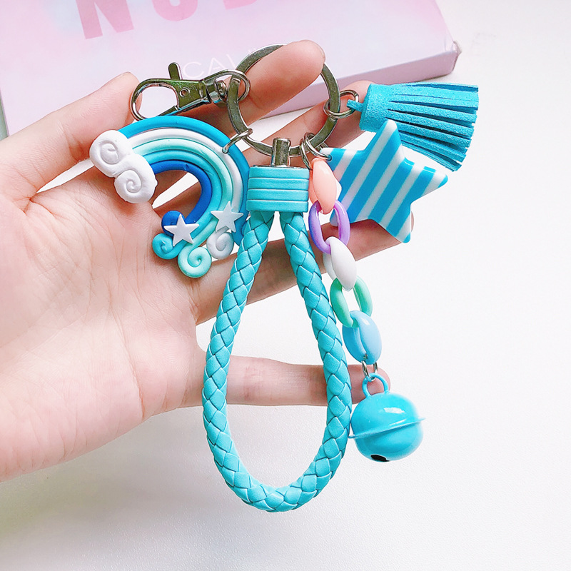Porte-clés arc-en-ciel mignon, bracelet en cuir, corde tressée, pompon, pour femmes et filles, cloche étoile, sucette, accessoires de sac,: Piano Noir