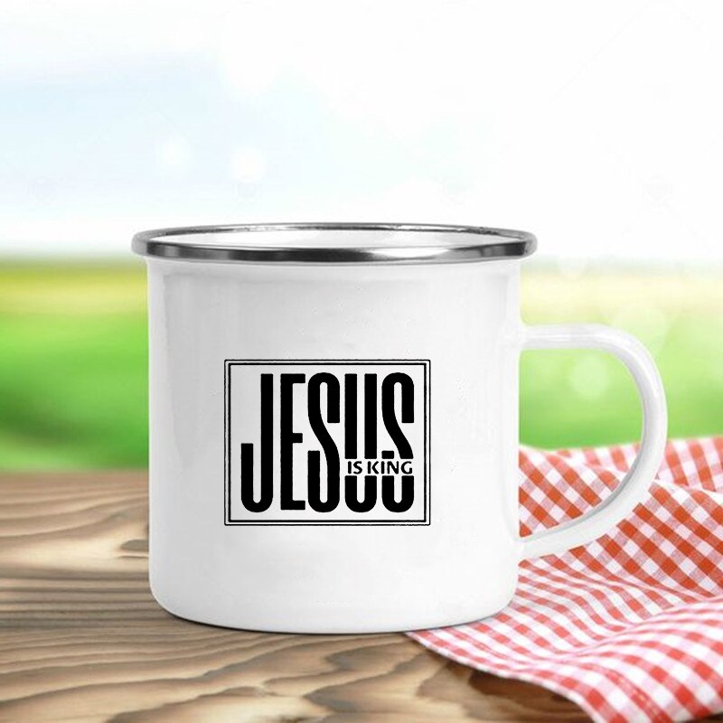 Jésus est dieu imprimer tasses en émail chrétien tasses à café boisson Dessert petit déjeuner lait tasse Vintage tasse poignée Drinkware