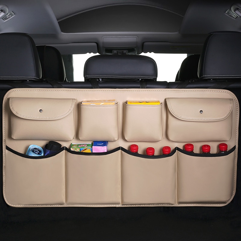 Newest PU Leather Car Rear Seat Back Storage Bag Multi-use Car Trunk Organizer Auto Stowing Tidying Auto Interior Accessories: beige leather