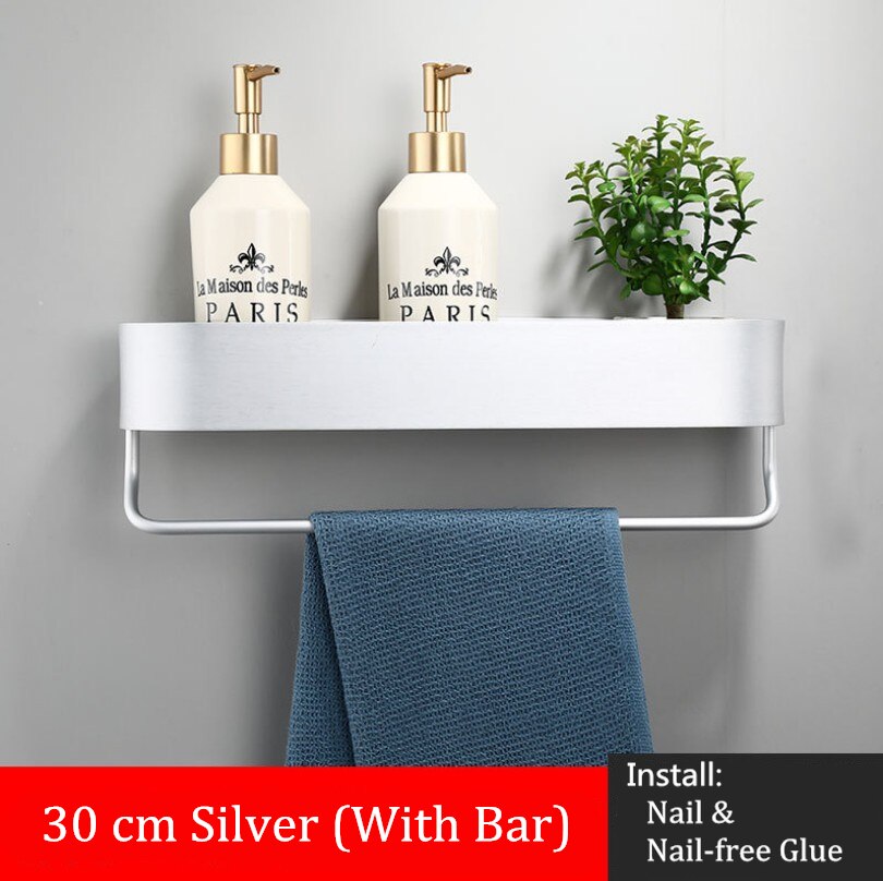 Utrymme aluminium silver badrumshyllor kök vägg hylla dusch förvaring handduk bar badrum tillbehör 30-50 cm längd: 30cm silver med bar