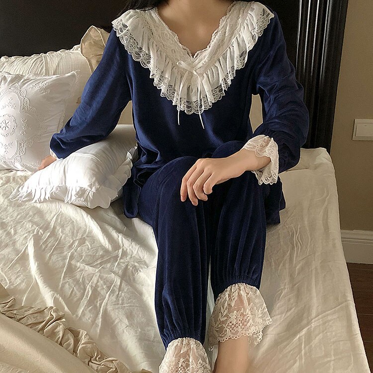 Herbst Winter frauen Lolita Flanell Rüschen Schlafanzug setzt. spitze Spitzen + Hosen. Jahrgang Damen Mädchen Schlafanzug einstellen. nachtwäsche Loungewear