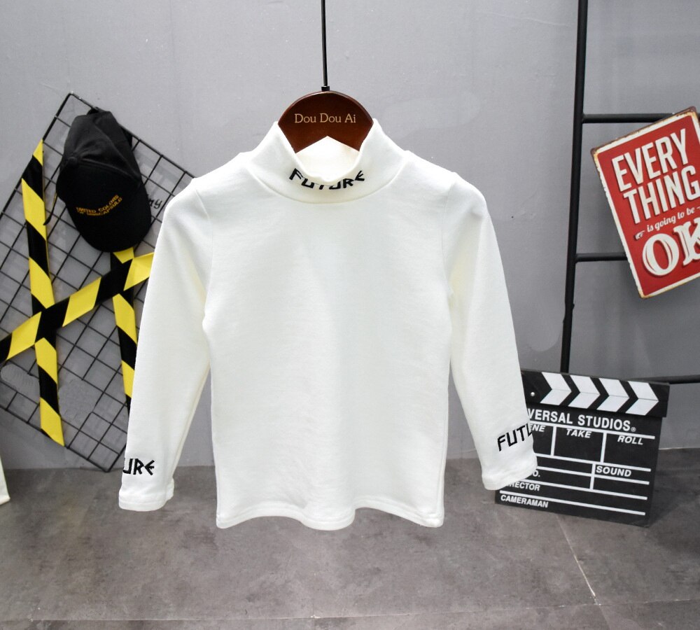 T-shirt à manches longues pour garçon, en coton, avec col haut brodé, d'automne: white / 3T--height 100cm