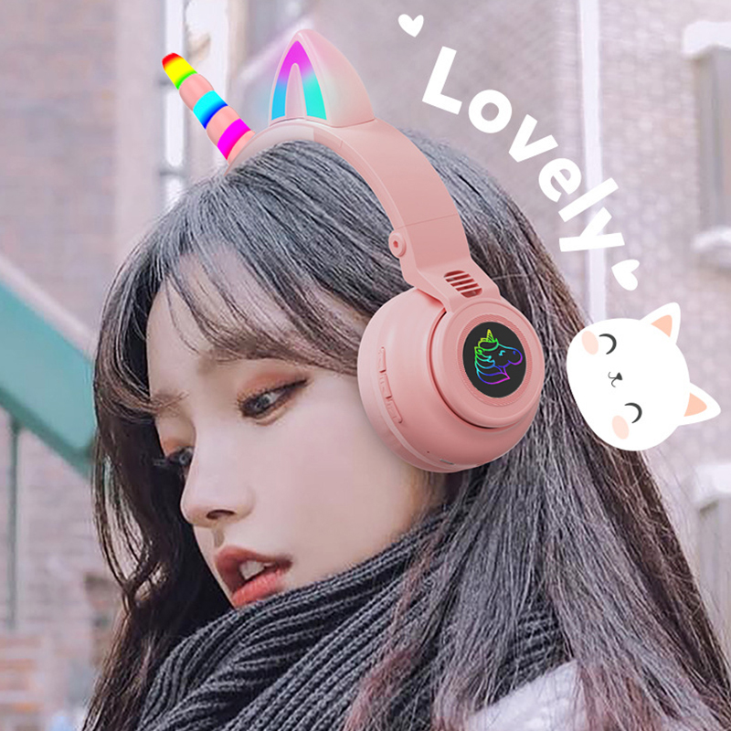 Söta enhörning trådlösa hörlurar med mikrofoner, styr rgb ljus barn tjejer musik stereo hjälm mobiltelefon headset