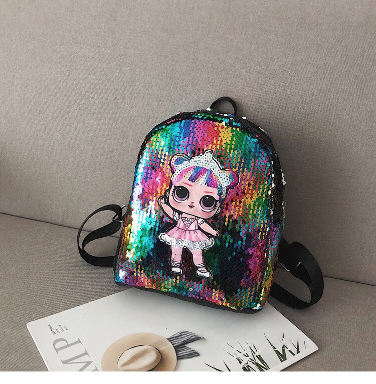 9 Inch Pu Backpack,Sequins Backpack,Cute Girl Print Shoulder Bag,School Bag for Teenager: black