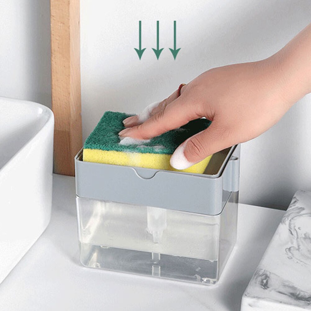 Køkken badeværelse genopfyldelig vask sæbedispenser svampholder håndklædeopbevaringsstativ opvaskemiddel fyldeboks med svamp