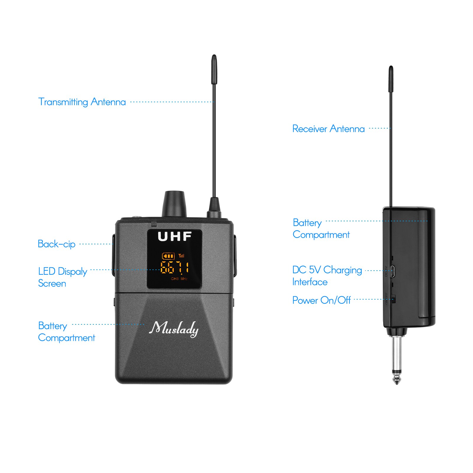 Muslady UHF Wireless Microphone System with Lavalier Microphone Body-pack Transmitter and Receiver 6.35mm Plug