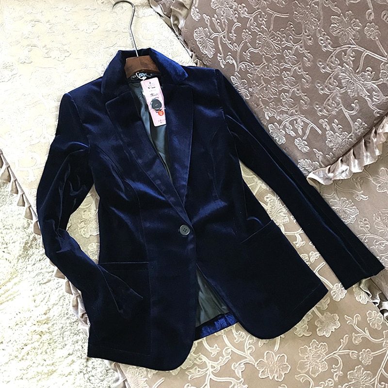 Fløjl dame blazer sort blå dame blazer jakkesæt plus size langærmet slank kontorjakkesæt