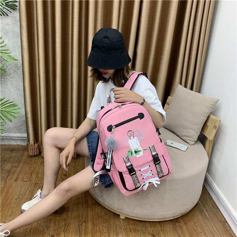 Große Schule Taschen für Teenager Mädchen Rucksack Frauen Bookbags Schüler Nylon Druck Hochschule Schul Jugend Usb mit Schloss Bagpack