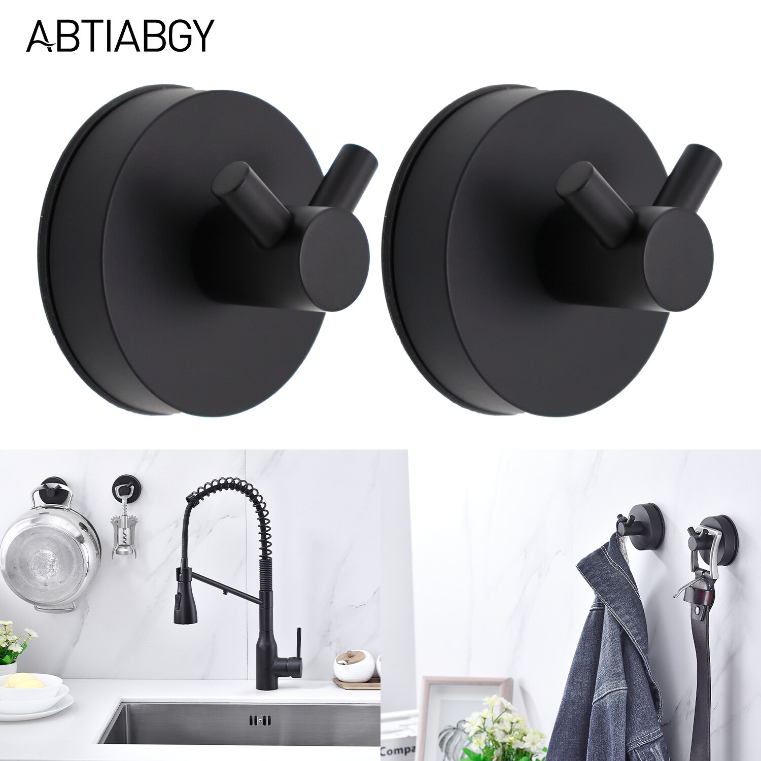 Crochet de douche à ventouse solide en acier inoxydable, 2 pièces, crochet de serviette sous vide, noir, étanche, pour la cuisine et la salle de bain, pour la Robe, 5KG