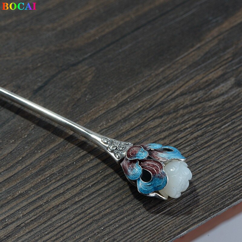 Bocai  s925 haaraccessoires aus sterlingsilber, cloisonné lutos totem jade kopfschmuck, reines silber haarnadel-charm-schmuckstück für damen