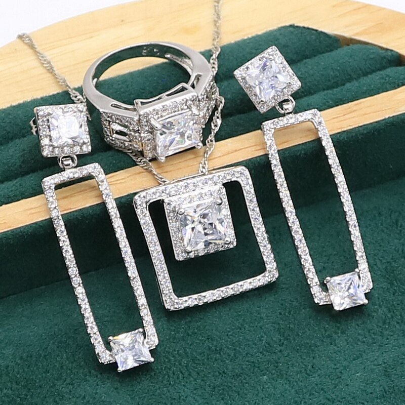 Conjunto de joias luxuosas de prata 925 com zircônia branca, bracelete para mulheres, brincos longos, colar, pingente de anel