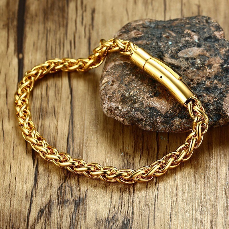 Men&#39;s Spiga Chain Bracelet Gold Tone Stainless Steel Round Box and Wheat Link Braslet Male Jewelry 8.5