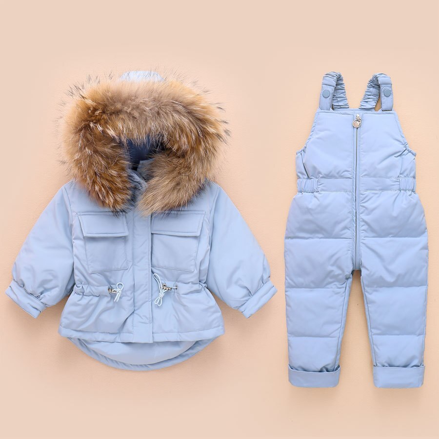 2Pcs Children Clothes Sets Baby Girls Boys Winter Fur Hooded Jacket+Romper Overalls Suit for Baby Thicken Ski Snow Warm Clothing: Blue / 2T