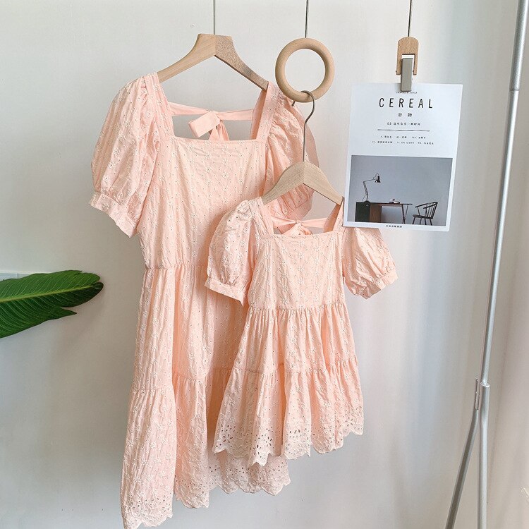 Big Sister Little Sister Matching Outfit Mother Daughter Matching Clothes Family Matching Embroidery Hollow Beach Dress: Pink / Mother One Size