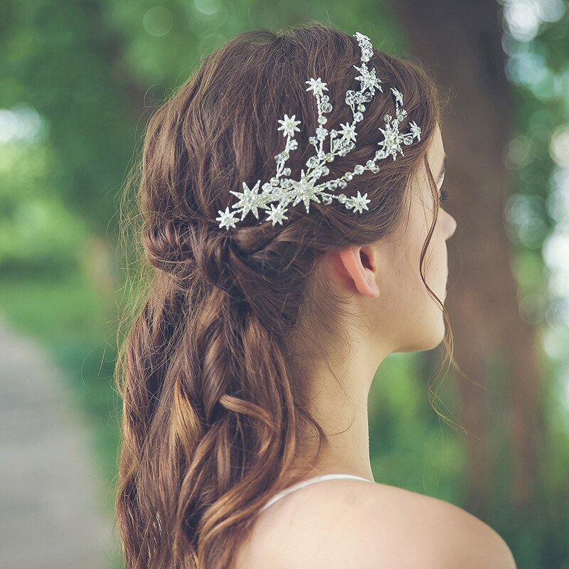 Pente de cabelo para madrinha, acessório feminino simples de cor prata com estrela, pente para casamento artesanal