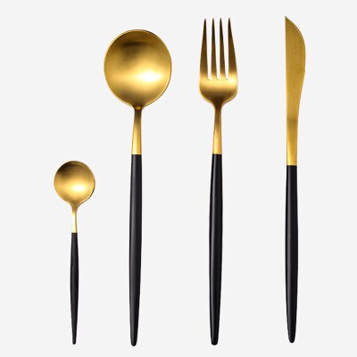 Tasse à café cuillère fourchette couteau | Vaisselle en céramique nordique, bol de vaisselle plaqué or ensembles de plats et d'assiettes, décorations de noël pour la maison: 4 Black