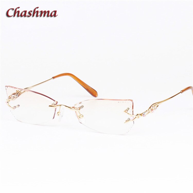 Chashma Brand Tint Lenses Sunglasses Titanium Eyewear Female Diamond Crystal Trimmed Glasses Frame Cat Eye Rimless Glasses Woman: Gold