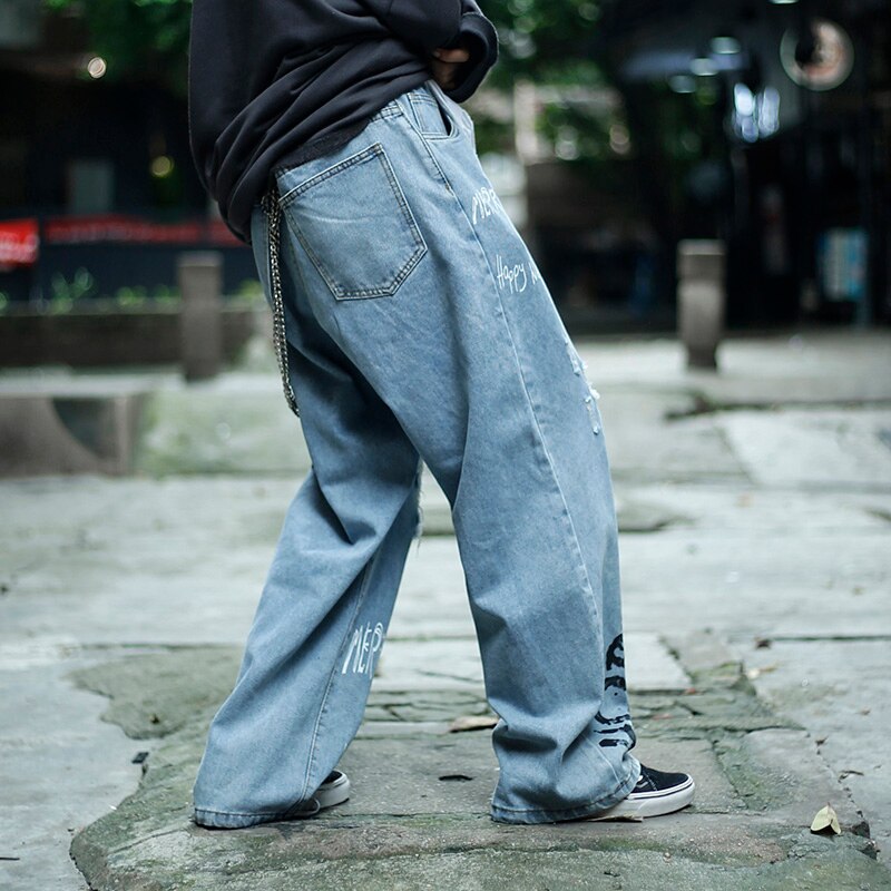 Graffiti print afslappet baggy beskadiget denim jeans hip hop hipster streetwear bukser mænd ødelægger punk rock bukser mandlige en -c026