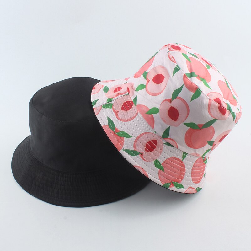 Bob Bucket Hats Men Women Summer Sun Cap Hip Hop Gorros Fruit Kiwi Apple Lemon Strawberry Print Reversible Fisherman Hat: peach