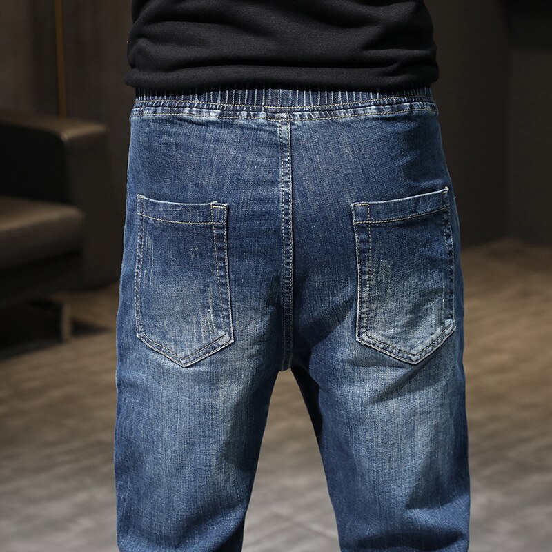 Joggingbukser til mænd jeans elastisk talje snøre blå afslappet tilspidsede herrebukser mænd oversize bukser jeans 42