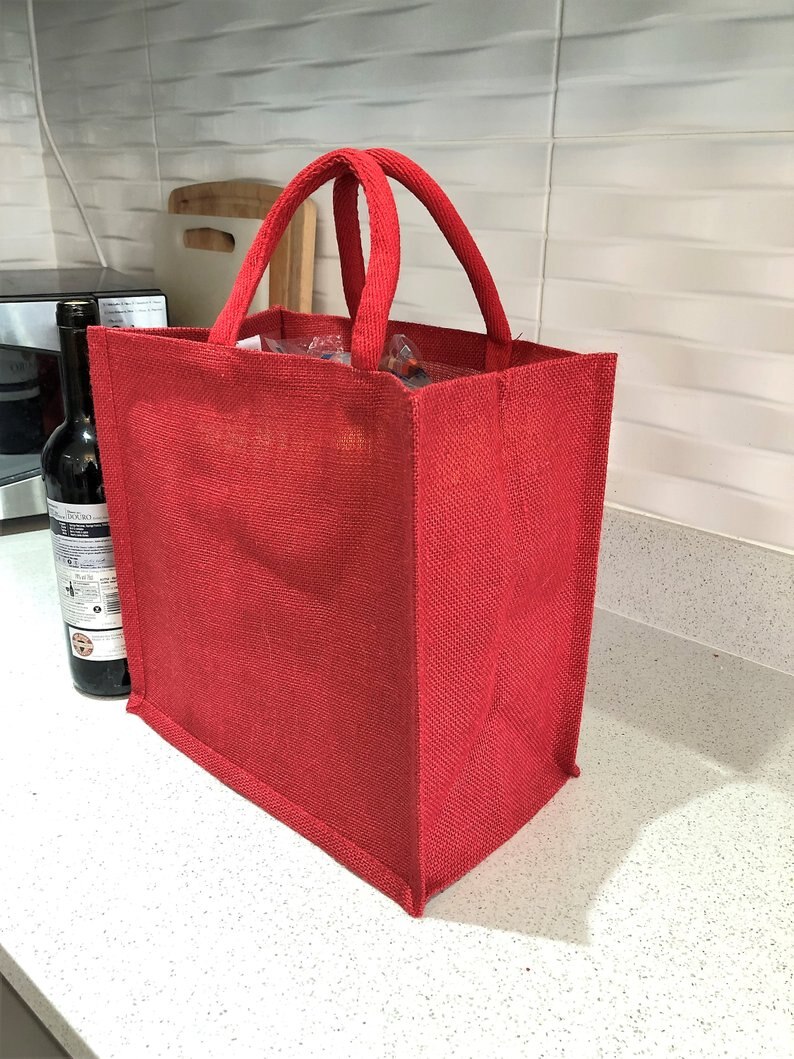 Linen PU coating Reusable Jute Shopping Bag Beach blonde Handbags canvas tote bags for women grocery bag large: Red