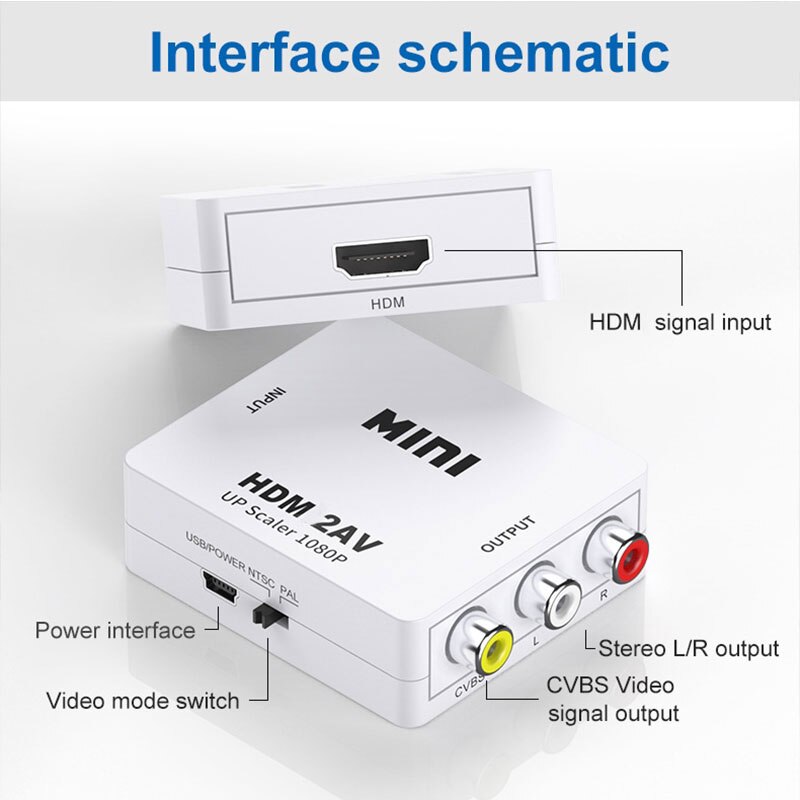 Hdmi-kompatibel till av scaler adapter hd video komposit omvandlarbox hd till rca av/cvsb l/r video 1080p stöd ntsc pal