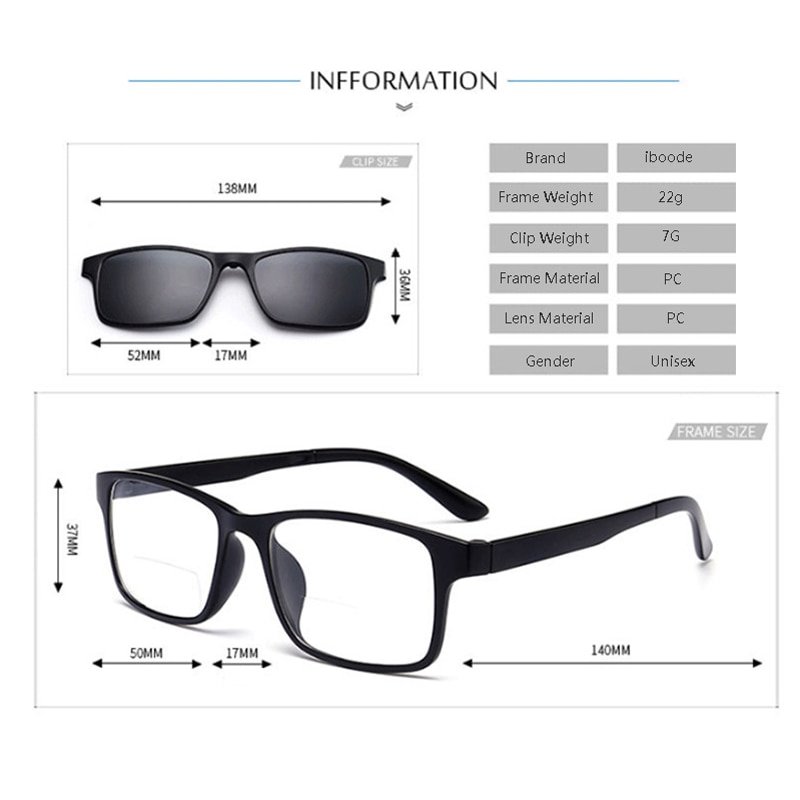 iboode Bifocal Reading Glasses With Magnetic Polarized Clip on Sunglasses Men Night Vision Drving Sunglasses Women 3 Lens
