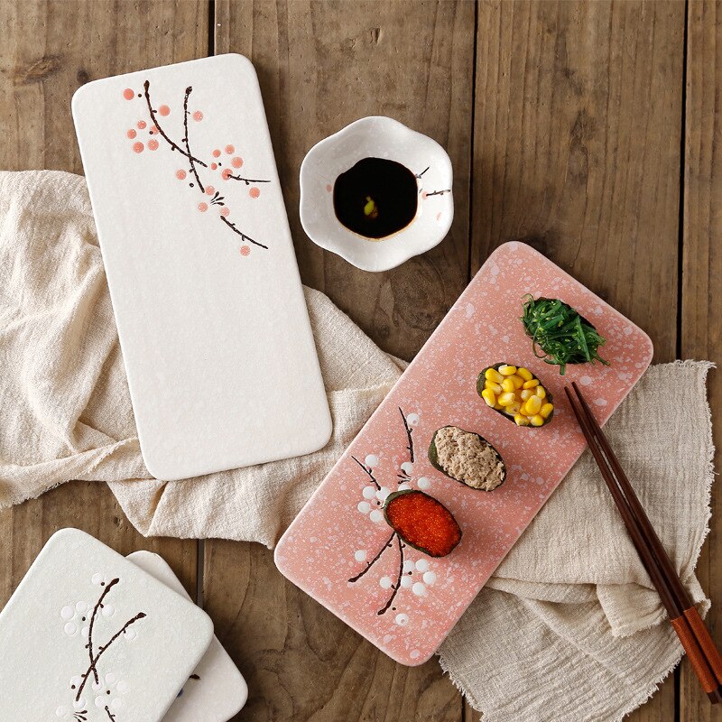 Japanese Style Rectangle Sushi Plate Ceramic Underglaze Cake Fruit Dessert Flat Plate Restaurant Cold Dish Tableware