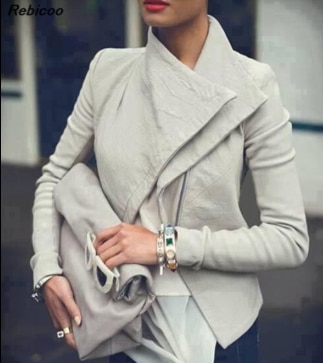 Europa trendig chic jacka kvinnor solid svart/silver bred biker lapel konstläder långärmad höst korta jackor kappa