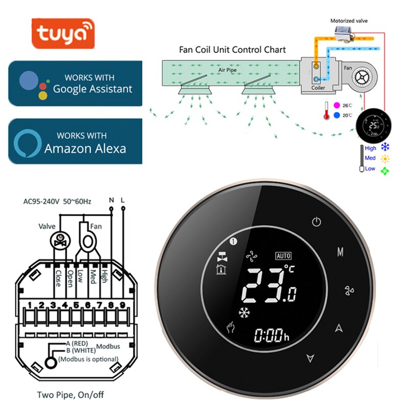 WiFi smart thermostat for 2p/4p central air conditioning cooling/heating system room temperature controller of fan coil Unit: 2 Pipe BAC-6000B / WITH WIFI