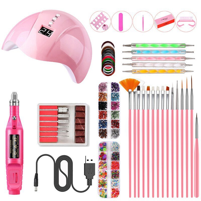 40 stuks nagelset uv led lamp droger met manicure pen gellak strass steentjes kit gereedschapsset elektrische machine boor nagelkunst gereedschap: 14 roze