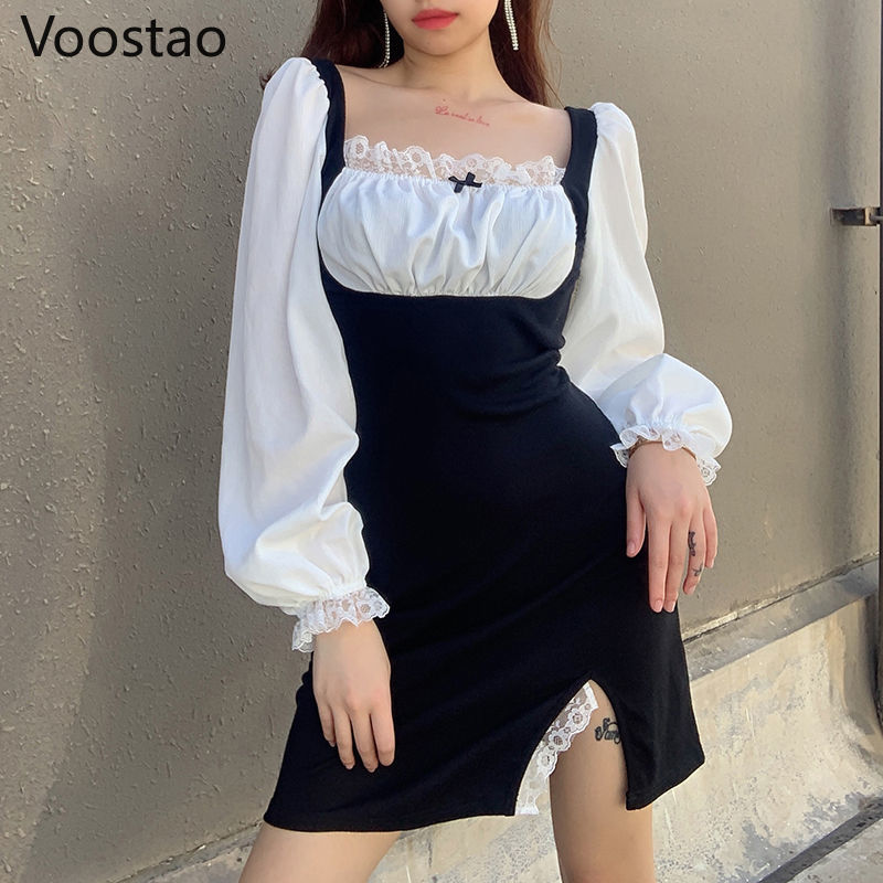 Vestido de encaje de manga larga estilo Retro victoriano para mujer, vestido de con cuello cuadrado, estilo japonés