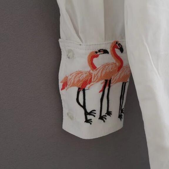 Chic flamenco pájaro bordado camisa blanca mujer solapa manga larga media blusa larga