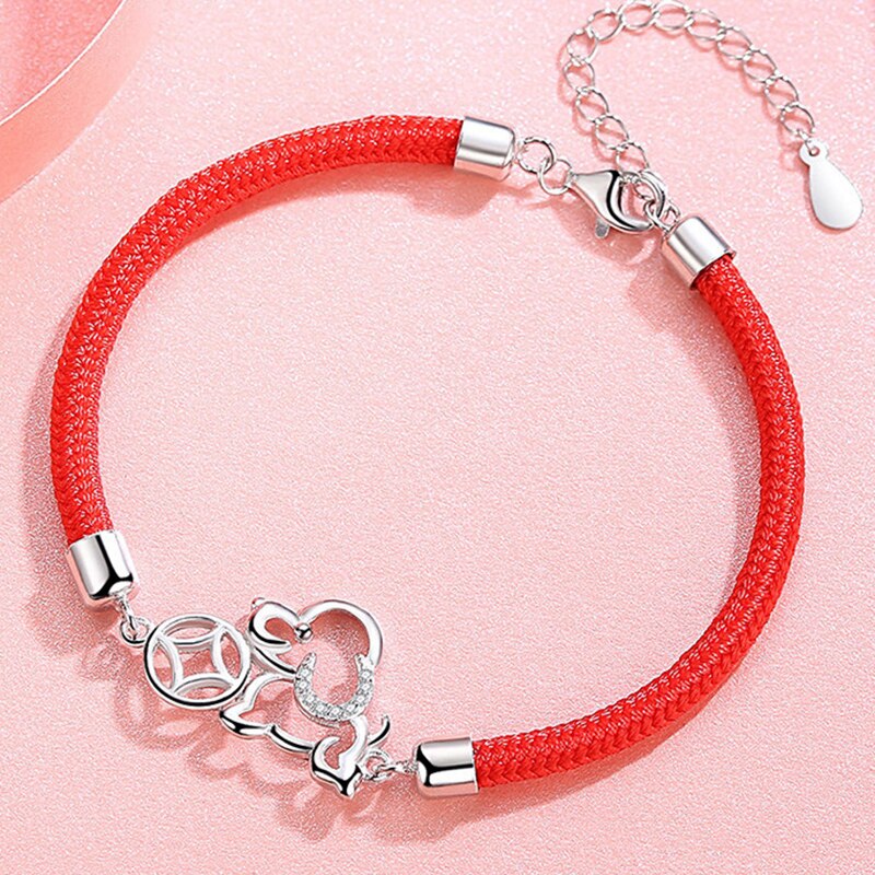 925 de plata de ley Pin rojo cuerda asta hueco perro auspicioso caracter chino pulsera añade temperamento