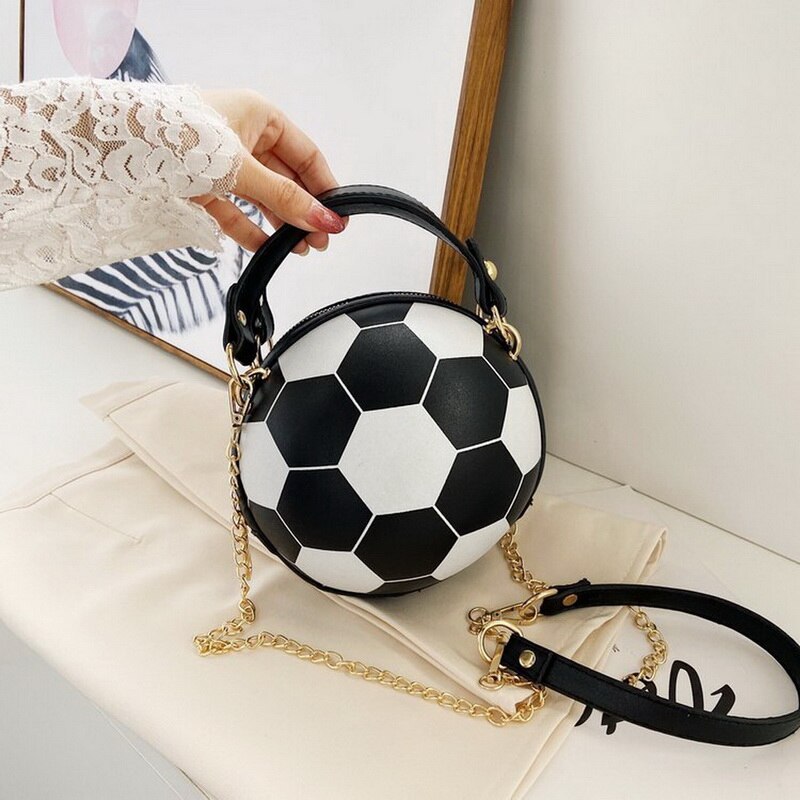 Basketball Shape Hand Bag Women Chains Handbag Letter Shoulder Bag Female Mini Crossbody Bags Circular Purse: Black football