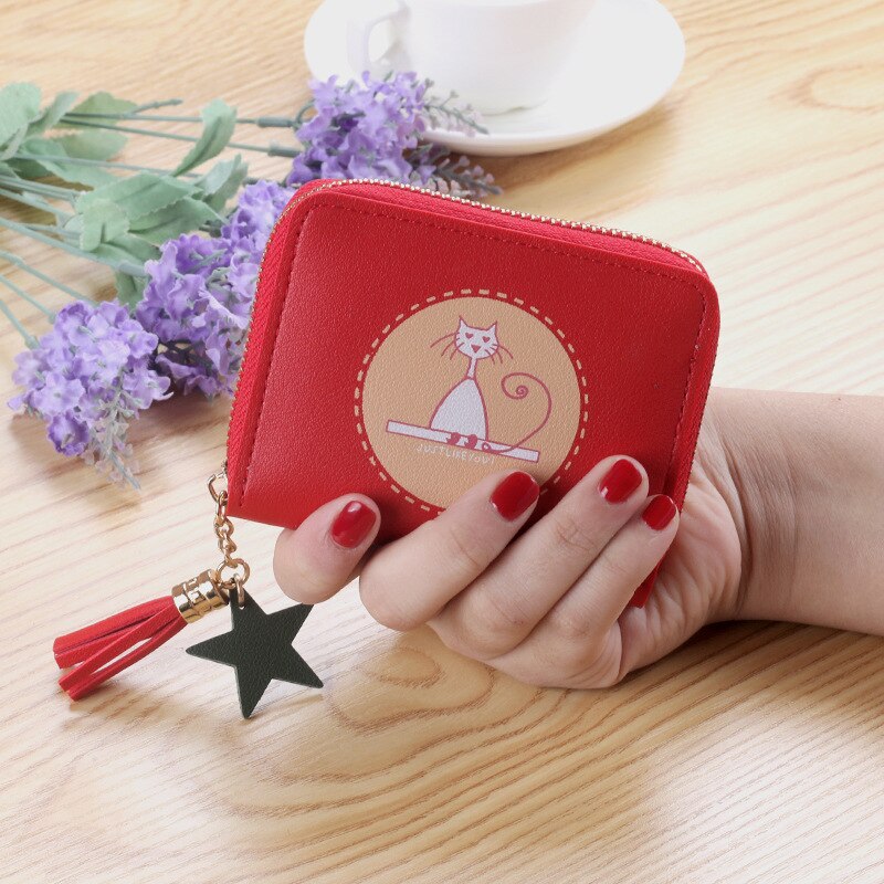 2020 gato impressão bolsa feminina curto zíper carteiras moeda saco bonito moda pequena senhora meninas estudantes carteira titular do cartão: Red