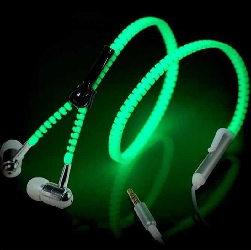 Glow-in-the-dark hoofdtelefoon met lichtgevende metalen rits, oordopjes met lichtgevende draad, hoofdtelefoon met glow-in-the-dark-functie voor iphone, xiaomi en samsung.