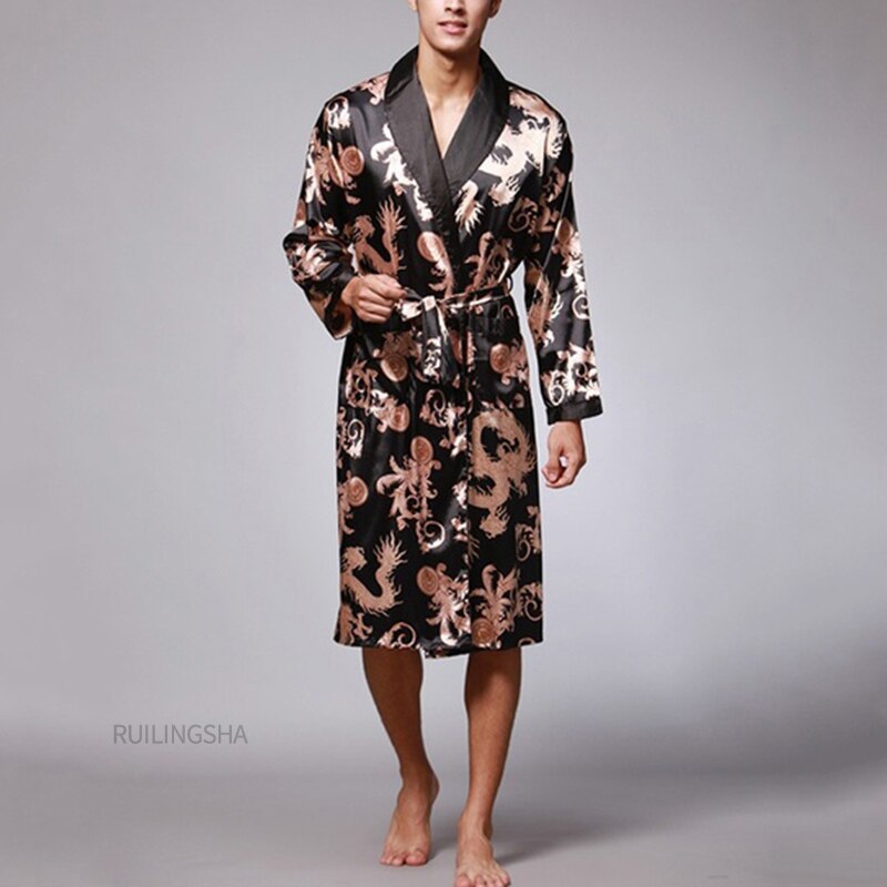 Stilfuld #39 badekåbe silke kimono lange ærmer morgenkåbe kinesisk lucky dragon print pyjamas mænd kjole badekåbe mænd hjemmetøj maskulin: Sort / Xxxl