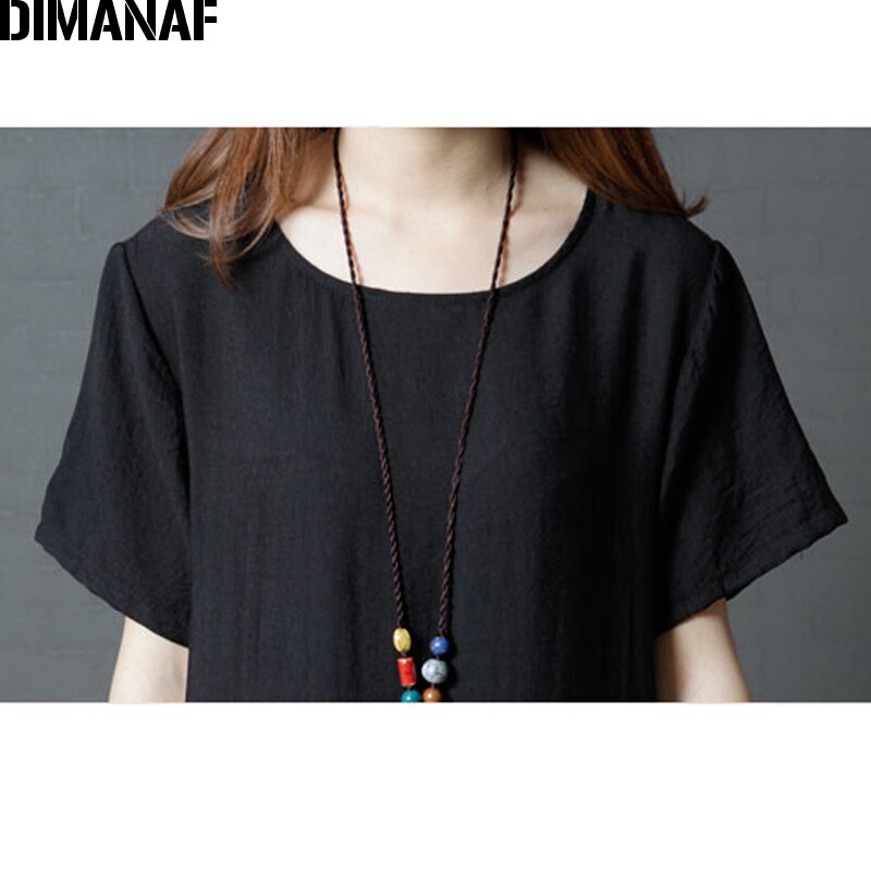 Dimanaf kvinder sommerkjole plus size linned kvindelig dame plisseret vestidos solid sort løs vintage lang kjole m -2xl