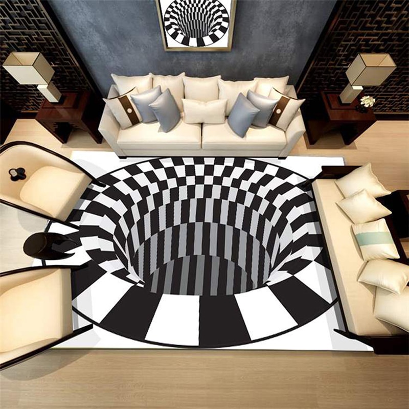 3D Illusion Vortex Swirl Print Optical Illusion Area Rug Black White Bottomless Hole Grid Non-Slip Doormat Mats for Home