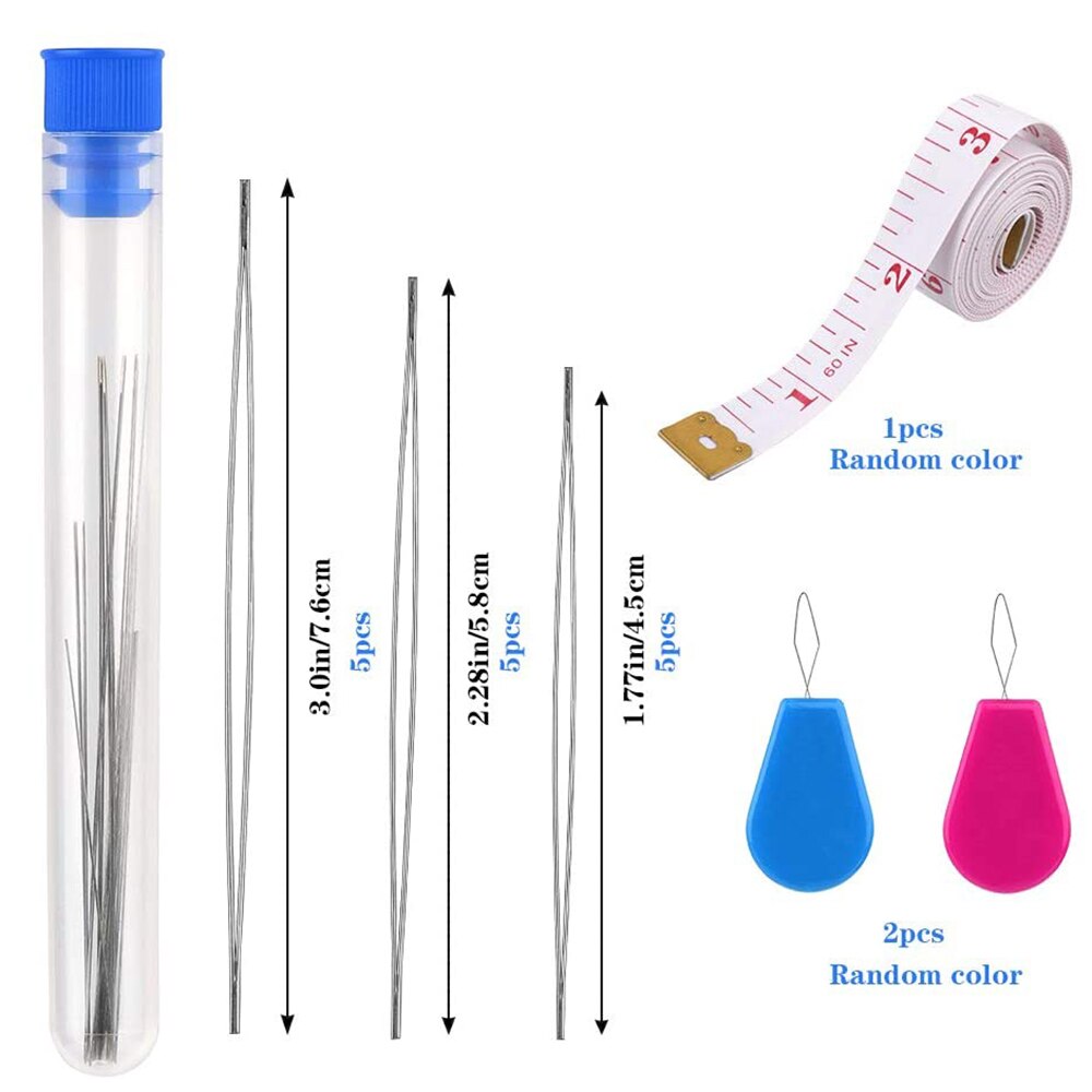 Agujas para bordar abalorios, agujas de plástico para enhebrar cuentas de ojos grandes, cinta métrica para manualidades, herramientas de costura, 15 piezas