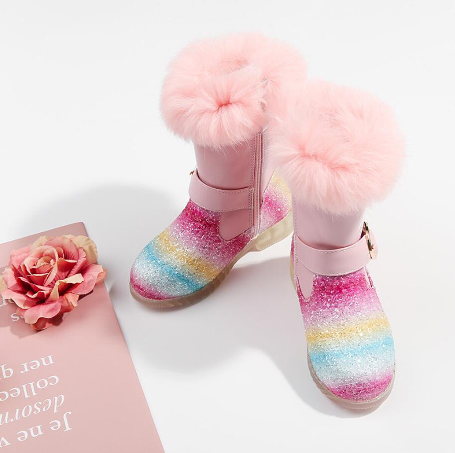 Outono arco-íris lantejoulas crianças botas curtas inverno 2020 novo além de veludo quente meninas botas de neve crianças moda martin botas: Pink / 26