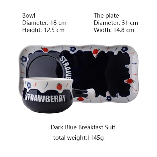 Juego de vajilla de cerámica con relieve, cuenco con mango, estilo nórdico, para desayuno, platos de postre, ensalada de leche, tazón con asa: Blue-set