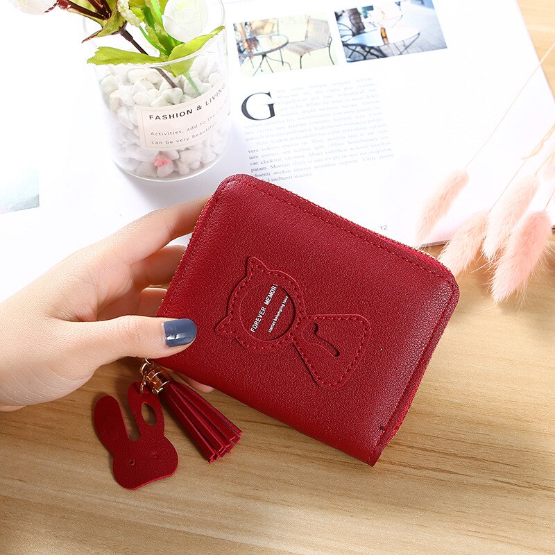 Wallets Tassel Short Wallet For Woman Zipper Mini Coin Purse Ladies Small Wallet Female Leather Card Holder: red