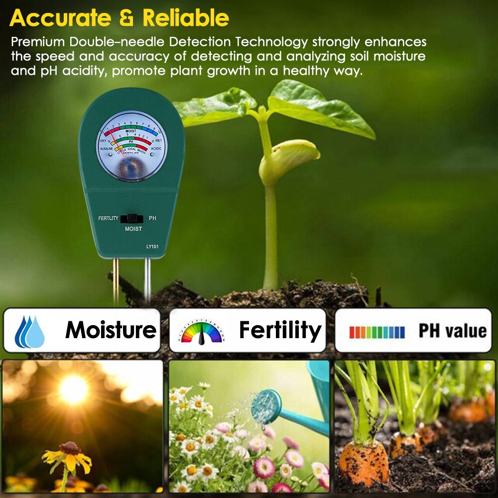 Kkmoon 3-In-1 Bodem Tester Bodem Ph Meter Met Vocht Vruchtbaarheid Ph Meter Tuinieren Tool Voor Farm gazon Geen Batterij Nodig Meter